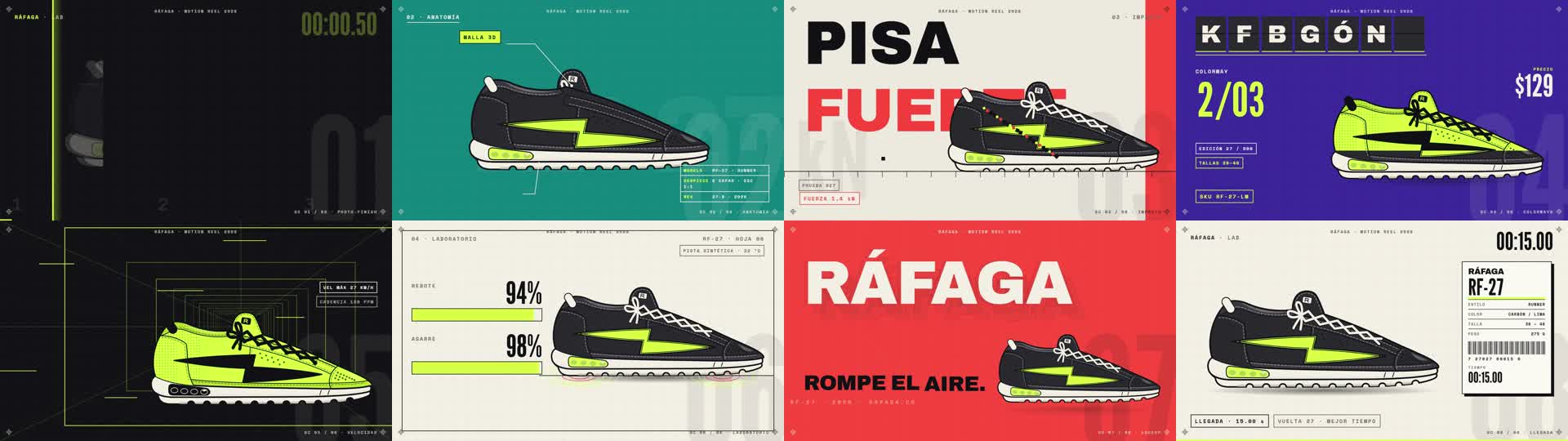 Ocho cuadros del anuncio de ejemplo: un tenis RÁFAGA RF-27 revelado, desarmado en 3D, cayendo, cambiando de color, en un túnel de velocidad, en el laboratorio, el lockup y el cierre de catálogo